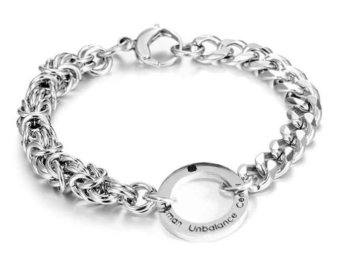 Silver-tone stainless steel bracelet with a Byzantine-woven chain, a flat curb chain, an engraved center ring, and a lobster clasp.