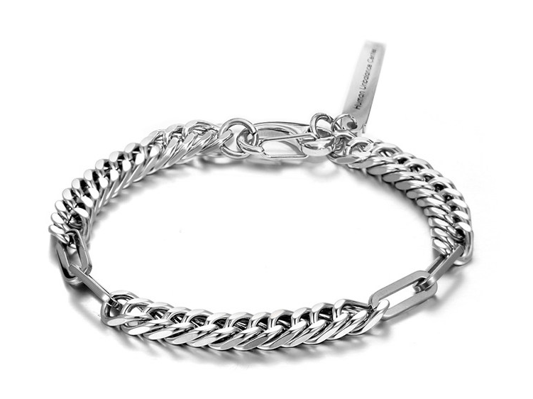 Silver-tone bracelet combining a doubled curb chain with elongated paperclip links and a lobster clasp.