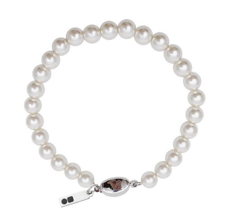 White simulated-pearl bracelet with a polished oval clasp and small engraved tag.