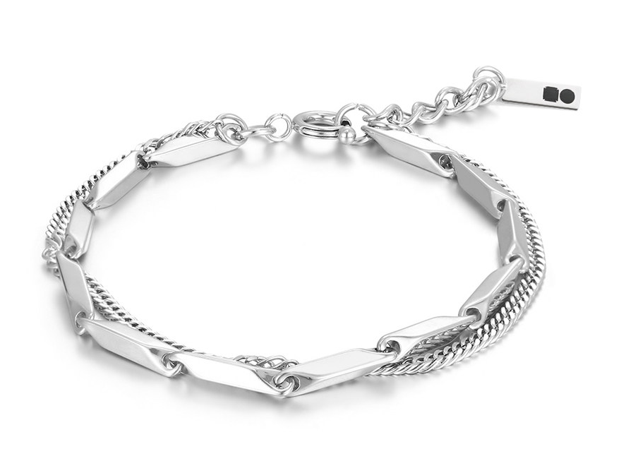 Silver-tone twin-strand bracelet with angular polished bar links alongside a fine snake chain.