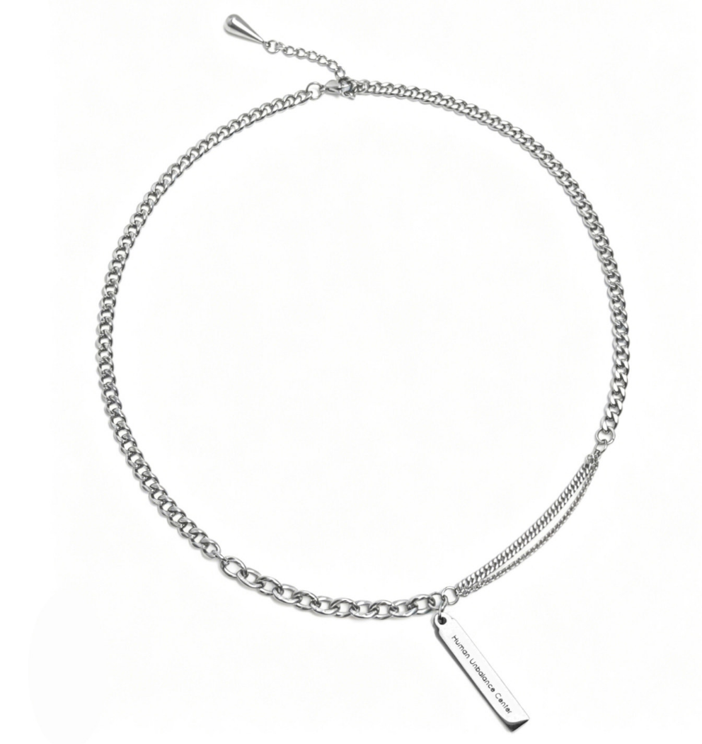 Silver-tone curb-chain necklace with split double strand and a suspended engraved bar pendant
