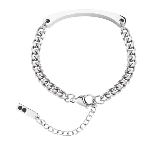 Silver-tone curb-chain bracelet with a flat ID bar and lobster-clasp closure.