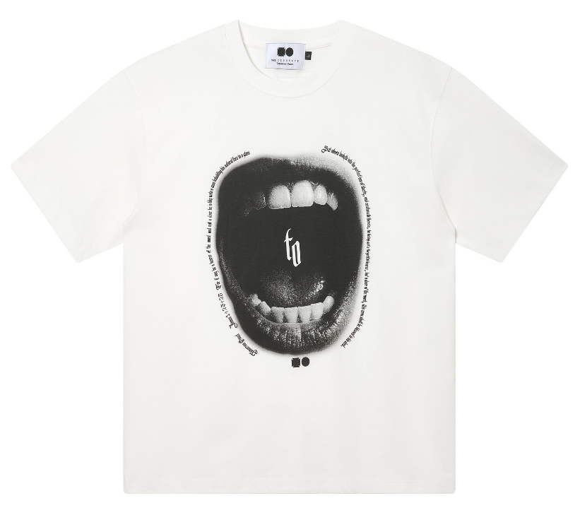 Off-white heavyweight tee with a black-and-white photographic print of an open mouth on the front