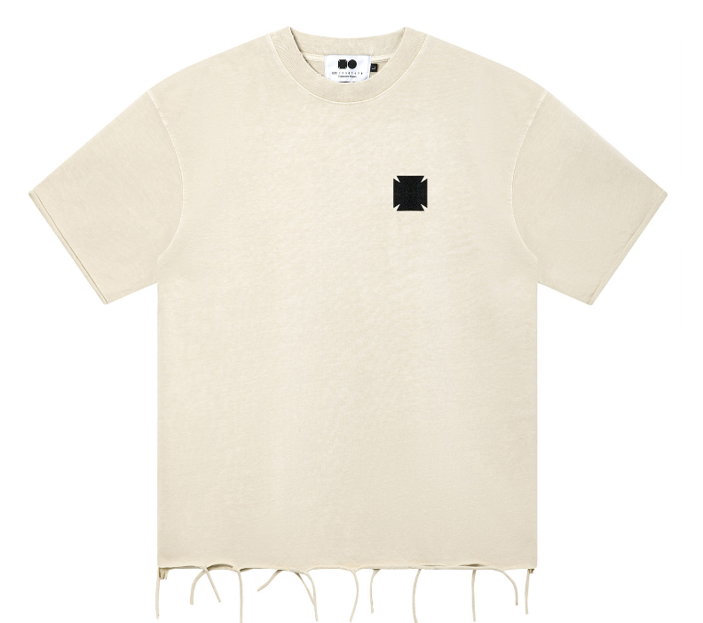 Ecru relaxed-fit tee with black chest emblem and distressed hem