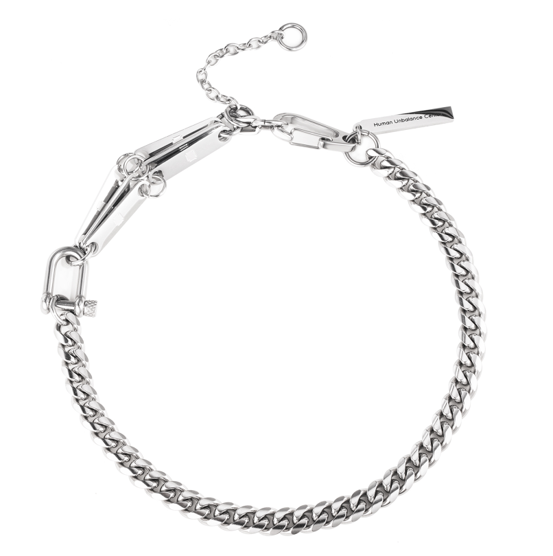 Silver-tone curb-chain necklace with industrial screw-pin shackle hardware and engraved bar tag