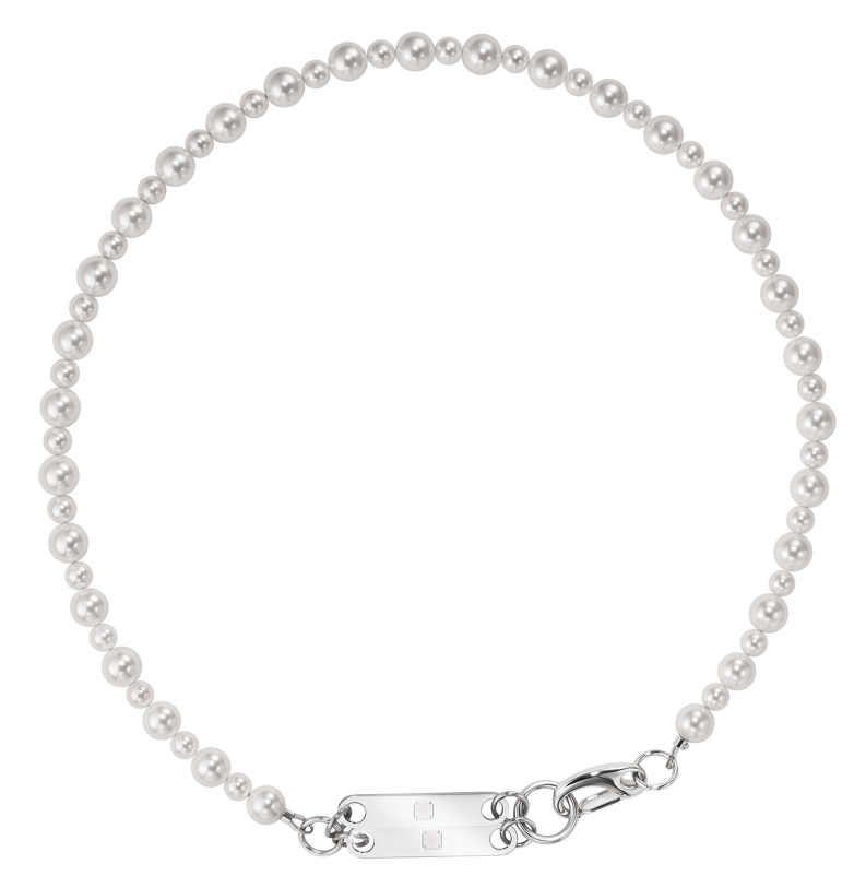 Graduated simulated-pearl necklace with an engraved metal bar plate and lobster clasp on a white background.