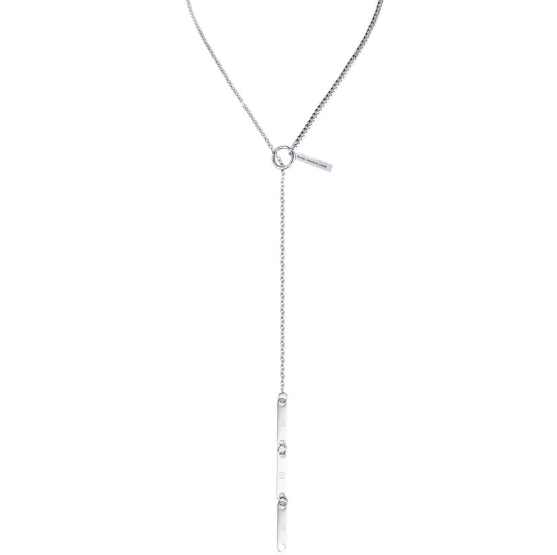 Silver-tone box-chain lariat necklace with a slip-through ring and a long engraved bar drop.