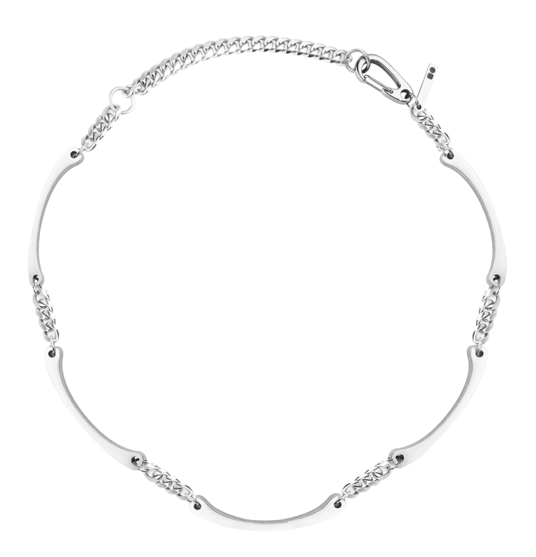 Silver-tone necklace of curved bars linked by braided chain with a toggle clasp