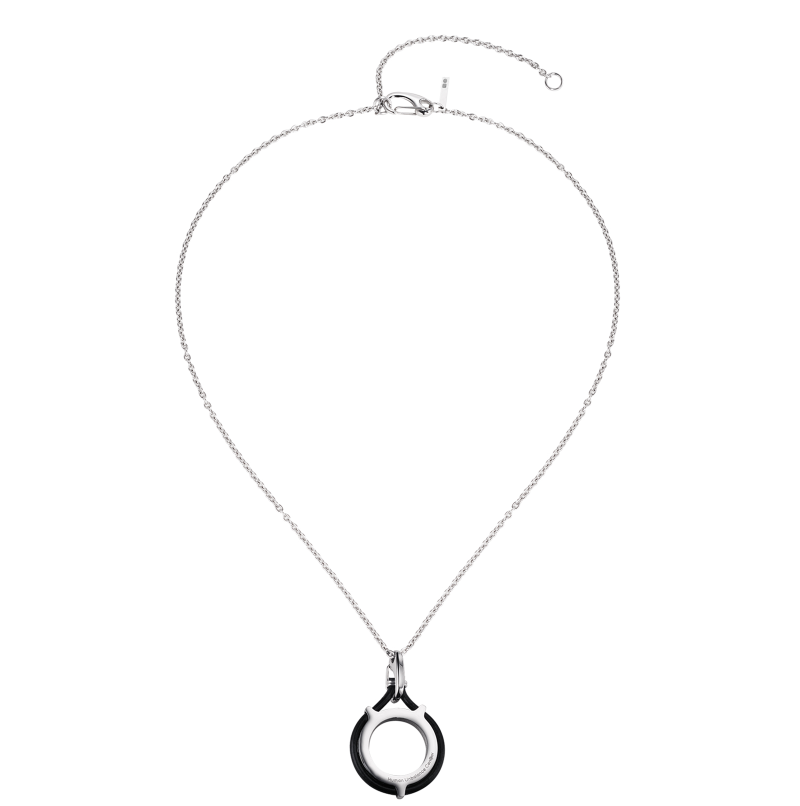 Silver-tone cable-chain necklace with a two-tone black and steel open ring pendant in a claw-prong bail.