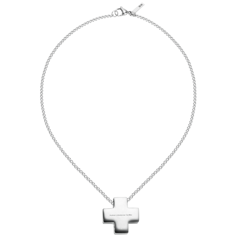 Silver-tone cable-chain necklace with a rounded cross pendant and lobster clasp.