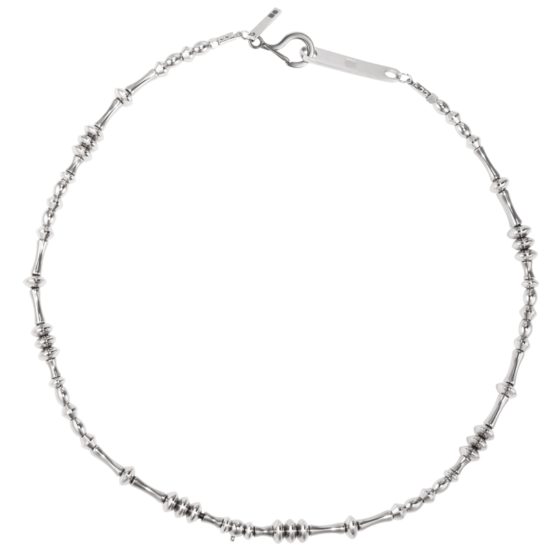 Silver-tone necklace with polished bar links alternating with clustered stacked-disc beads and a hook-and-bar clasp.