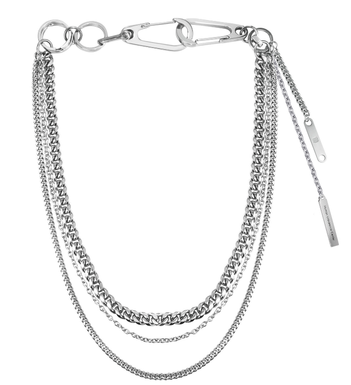 Layered silver-tone waist chain with three graduated chains, a carabiner clasp, and an engraved tag