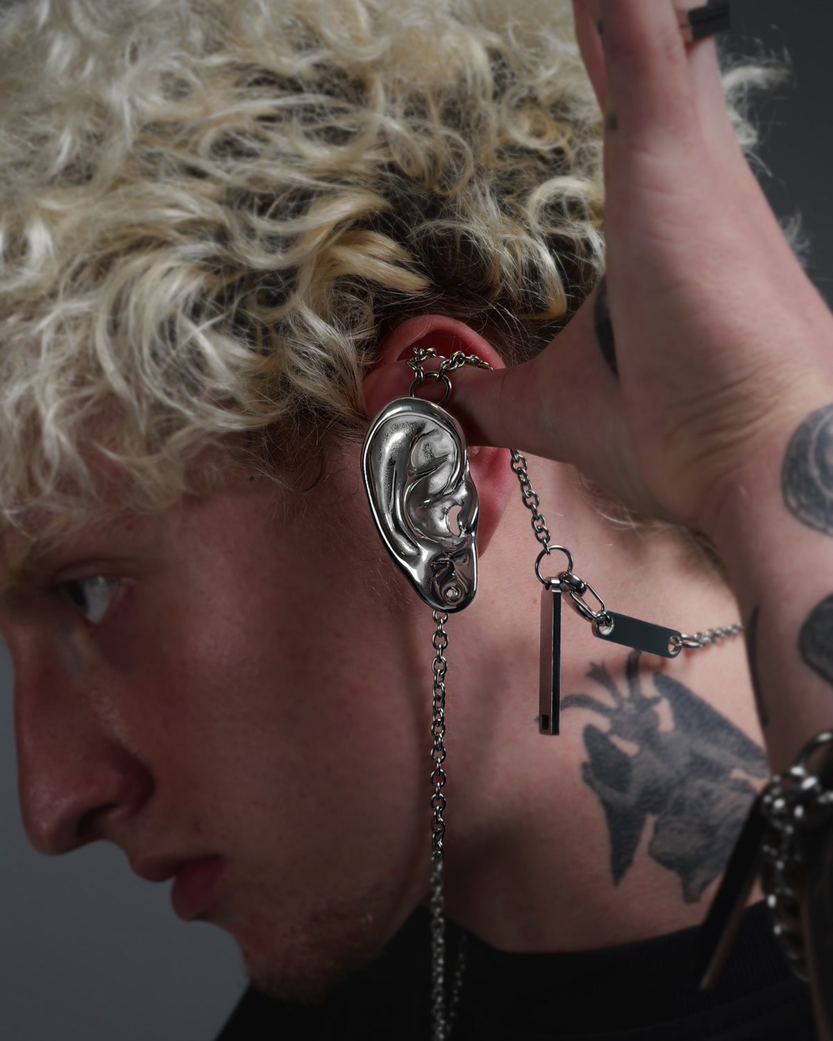 Human Unbalance Ear Pendant Necklace 021 side worn view